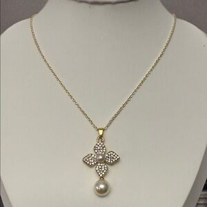 Stainless Steel Gold-Tone Pearl & Crystal Floral Pendant Necklace